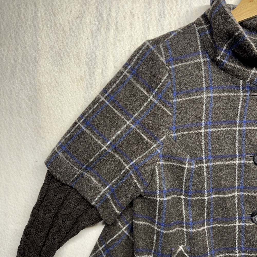 Anthropologie Idra Plaid Wool Blend Coat Cable Knit Sleeves Grey Blue Size 10 - Picture 13 of 16